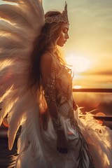 AI generated image of a woman wearing a white feather outfit in the nature at sunset