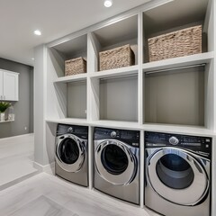 17 A laundry room with a mix of white and gray finishes, a large, built-in drying rack, and a mix of open and closed storage1, Generative AI