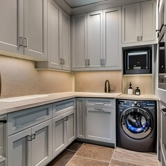 10 A laundry room with a built-in pet washing station, a large sink, and a mix of open and closed storage5, Generative AI