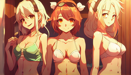 Three Anime Girls in Bikini in the Sauna Generative AI