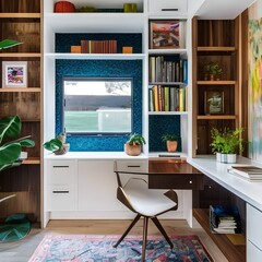 12 A bohemian-style home office with a mix of colorful and textured finishes, a large, wall-mounted desk, and a mix of open and closed storage3, Generative AI