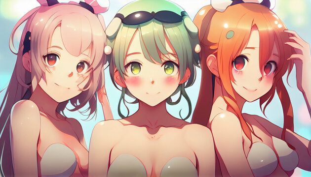 three anime girl in bikini taking bath generative AI