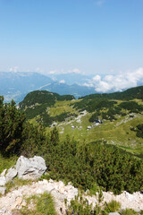 The view of Sarsteinalm from the trekking route to Hoher Sarstein mountain, Upper Austria region	