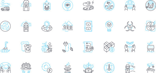 Obraz premium Environmental impact linear icons set. Sustainability, Pollution, Climate, Emissions, Conservation, Biodiversity, Deforestation line vector and concept signs. Recycling,Carbon,Oz outline illustrations