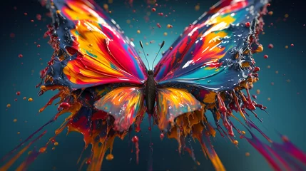 Foto auf Acrylglas abstract liquid painting digital art full color with beautiful butterfly flying on top of on air liquid background. Generative ai © DamasYudhistira