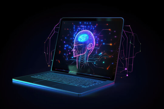 Laptop und Virtuelles Gehirn, K&uuml;nstliche Intelligenz - Generative AI