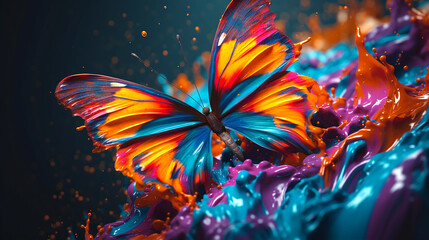 abstract liquid painting digital art full color with beautiful butterfly flying on top of on air liquid background. Generative ai