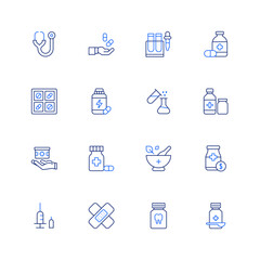 Pharmacy icon set. Editable stroke. Thin line icon. Duotone color. Containing stethoscope, pills, vaccine, medicine, supplement, mixing, syrup, delivery, mortar, price, insulin, plaster, drug.