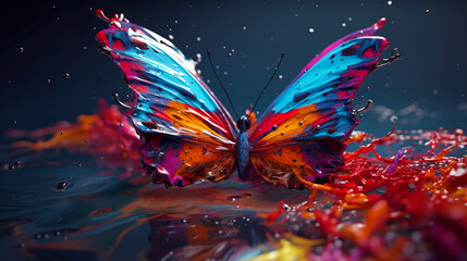 Obraz na płótnie Canvas abstract liquid painting digital art full color with beautiful butterfly flying on top of on air liquid background. Generative ai