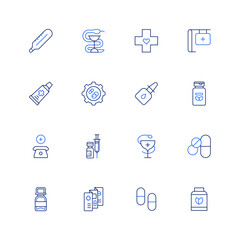 Pharmacy icon set. Editable stroke. Thin line icon. Duotone color. Containing thermometer, medicine, cross, pharmacy, paste, development, nasal spray, supplement, phone, injection, hygeia, medicines.