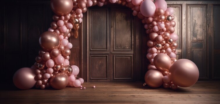 Balloon Arch in Pink and Rose Gold against an Antique Door, AI Generative