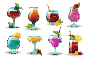 Concept cocktails. A set of flat cartoon design illustrations featuring colorful and vibrant cocktails on a white background. Vector illustration.