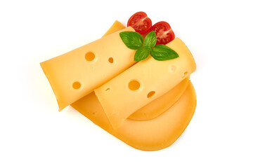 Hard Dutch gouda cheese, close-up, isolated on white background.