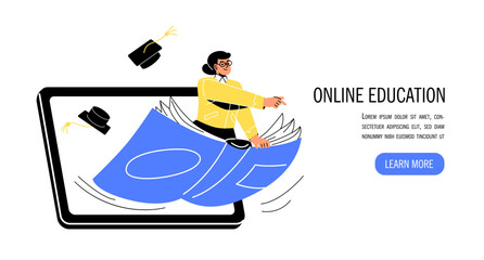 Online education concept. Woman on book in tablet. Student preparing for test or exam. Webinar or education lesson. Knowledge and information. Landing page design. Cartoon flat vector illustration