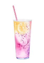 Watercolor summer cocktail with straw and lemon. Exotic beverage vector illustration