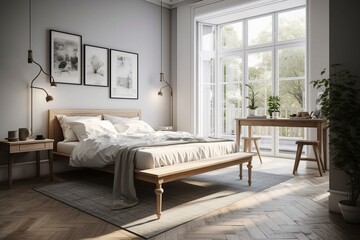 Cozy white bedroom with modern furniture and natural wooden tables in 3D rendering. Generative AI