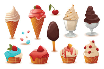 Concept Ice cream. A set of flat and cartoon ice cream designs with colorful toppings and cones on a white background. Vector illustration.