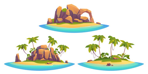 Uninhabited tropical isle cartoon scene set. Tiny sea rock island with palm tree and stone cliff vector clipart isolated on white background. Beautiful exotic sand land coast in ocean asset collection - obrazy, fototapety, plakaty