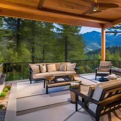 16 A covered patio with a fireplace, comfortable seating, and a view of the mountains2, Generative AI