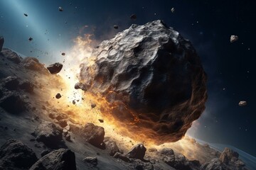 Meteorite collides with Earth, asteroid impact planet. Generative AI