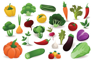 Concept Vegetable. A flat set of cartoon vegetable designs on a white background. Vector illustration.