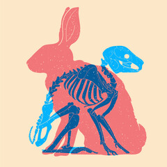 Skeleton of rabbit, bunny. Colorful cute screen printing effect. Riso print effect. Vector illustration. Graphic element  for fabric, textile, clothing, wrapping paper, wallpaper, poster. 