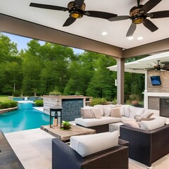 5 A pergola or covered patio area with built-in ceiling fans and lighting for added comfort and convenience3, Generative AI - obrazy, fototapety, plakaty