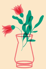 Flowers in a vase. Colorful cute screen printing effect. Riso print effect. Vector illustration. Graphic element  for fabric, textile, clothing, wrapping paper, wallpaper, poster. 
