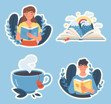 Reading stickers set. Man and woman with books, mug of hot tea or coffee. Fiction with mountains and rainbow. Imagination and fantasy. Cartoon flat vector illustrations isolated on blue background