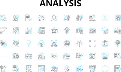 Analysis linear icons set. Examination, Evaluation, Assessment, Inspection, Scrutiny, Interpretation, Breakdown vector symbols and line concept signs. Study,Investigation,Diagnosis illustration