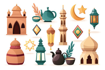 Concept Ramadan. A set of flat, cartoon-style Ramadan elements designed on a white background, featuring traditional decorations, food, and symbols of the Islamic holy month. Vector illustration.