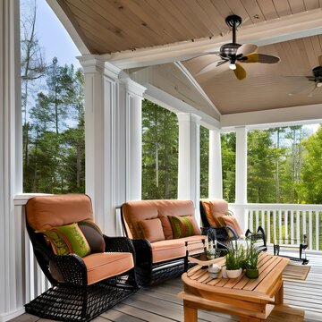 6 A covered porch with rocking chairs, a porch swing, and a ceiling fan4, Generative AI