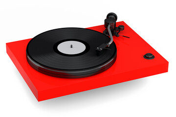 Vinyl record player or DJ turntable with retro vinyl disk on white background.