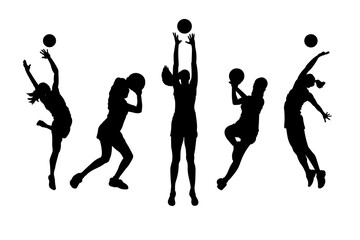 Set of silhouettes of netball sport