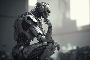Fototapeta premium Robot calculating or thinks with hand on chin pose, representing the concept of artificial intelligence and machine thinking. Generative AI illustration.