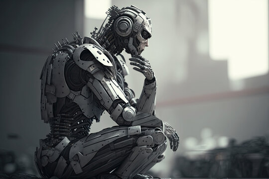 Robot calculating or thinks with hand on chin pose, representing the concept of artificial intelligence and machine thinking. Generative AI illustration.