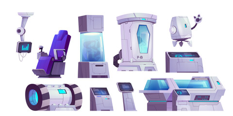 Futuristic cryogen capsule science laboratory isolated set. Cartoon lab equipment with robot on spaceship interior. Cryonics technology clipart on white background. Hibernation research and experiment © klyaksun