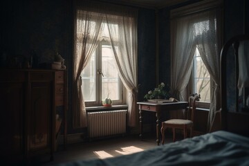 A room with curtains on the window. Generative AI