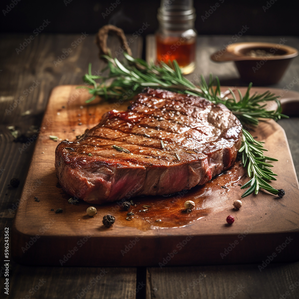 Wall mural juicy grilled steak with herbs and spices on rustic cutting board. Barbecue