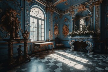 Rococo style building with blue interior, ornamented with vases of flowers, and furniture in a museum. Generative AI