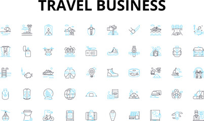 Travel business linear icons set. Adventure, Exotic, Leisure, Culture, Destination, Escape, Expedition vector symbols and line concept signs. Relaxation,Getaway,Oasis illustration