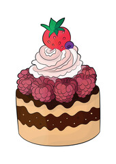 Berry cake with raspberries and strawberries. Kids illustration of a sweet dessert for books, coloring books, prints, etc.