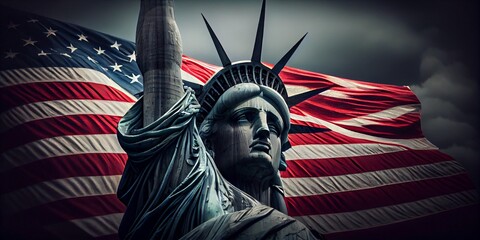 Statue of Liberty with the U.S. flag in the background. AI Generative