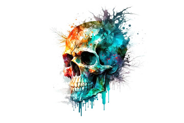 skull painted with watercolors isolated on white background. AI generation