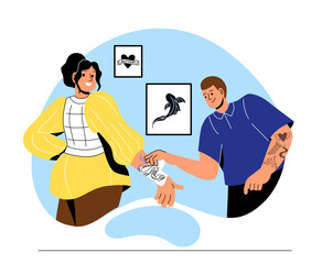 Tattoo artist with client. Master removes plaster from hand of young girl. Ink drawing of snake on skin. Fashion, trend and style. Creativity and art. Cartoon flat vector illustration