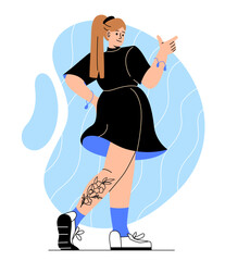 Woman with tattoo. Young girl in black dress with minimalistic ink drawing of plant on her leg. Fashion, trend and style. Trendy model for magazines. Cartoon flat vector illustration