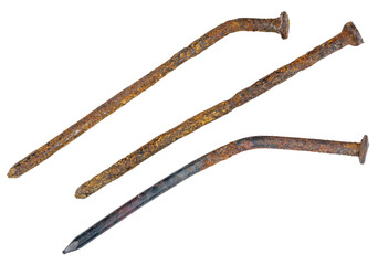 Old used and deformed nails, rusted and oxidized close-up, isolated on a transparent background