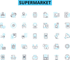 Supermarket linear icons set. Groceries, Aisles, Carts, Checkout, Deli, Produce, Meat line vector and concept signs. Dairy,Bakery,Chips outline illustrations