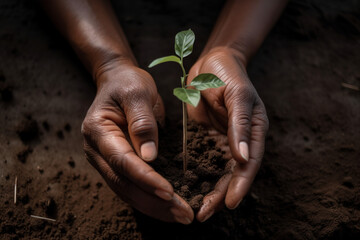 Hands of African American person planting trees. Reforestation. generate by ai - obrazy, fototapety, plakaty