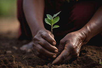 Hands of African American person planting trees. Reforestation. generate by ai